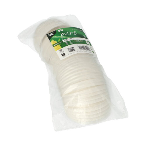 Un teanc de 50 de capace rotunde C-PLA albe (2,1 cm înălțime) de la PAPSTAR GmbH, ambalate clar cu simboluri de reciclare și compostare, oferă o soluție ecologică și biodegradabilă.