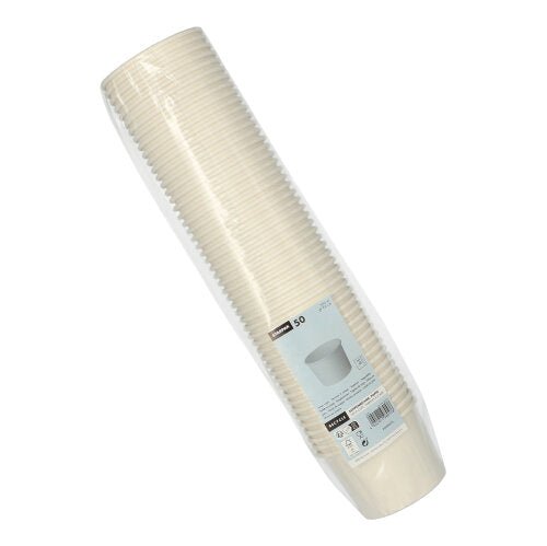 Un teanc de 50 de pahare de supă Starpak, carton „To Go” rotund alb, învelite în plastic transparent cu o etichetă alb-albastră cu detalii despre produs.