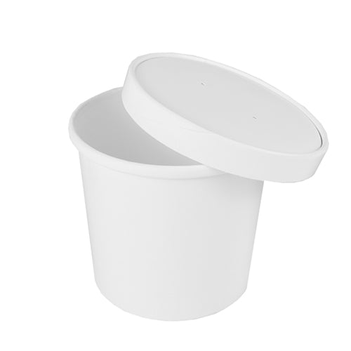 Un pahar de supă Starpak 50, carton „To Go” rotund alb, recipient pentru alimente de la Starpak cu capac potrivit, liber, ecologic și gol, este așezat pe un fundal alb – ideal pentru mese de luat la pachet.