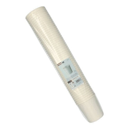 Un pachet cu 50 de pahare de supă rotunde albe Starpak To Go din carton, învelite în plastic și prevăzute cu o etichetă alb-albastră – perfect pentru utilizarea ecologică la evenimente sau pentru a lua la pachet.