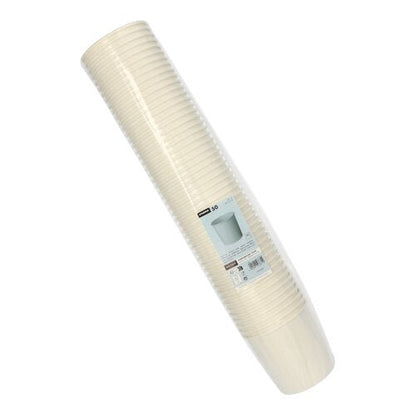 Un teanc de 50 de pahare de supă Starpak, carton „To Go” rotund alb, împachetate împreună într-o folie transparentă cu o etichetă cu detalii despre produs pe lateral.