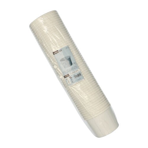 Un pachet sigilat din plastic cu 50 de pahare de supă rotunde, albe Starpak din carton „To Go”, cu informații despre produs și o ilustrație a paharului pe partea din față, ideal pentru a lua la pachet.