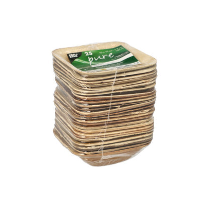 Un pachet de 25 de boluri rotunde din PAPSTAR frunză de palmier „pure“ de la PAPSTAR GmbH, ecologic și ideal pentru evenimente durabile, ambalat în folie transparentă cu etichetă verde-albă.