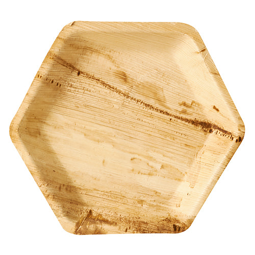 Farfuria PAPSTAR din frunză de palmier "pure" hexagonală (23,5 cm) din frunză de palmier ecologică, cu textură naturală - perfectă ca farfurie de unică folosință sustenabilă pentru orice petrecere. Conținut: 25 bucăți, folie termocontractibilă. Marcă: PAPSTAR GmbH.
