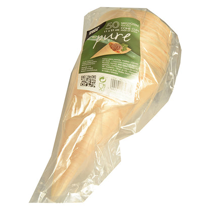Într-un ambalaj transparent se află 50 de pahare mari din lemn „pure“ pentru finger food de la PAPSTAR GmbH, cu o etichetă frontală verde-alb cu detalii despre produs și cod de bare.