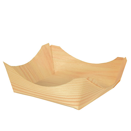 Die 50 Fingerfood-Schalen Holz „pure“ rund der PAPSTAR GmbH bestechen durch ihre elegante Holzmaserung und die geschwungenen, erhabenen Kanten und sind leer auf weißem Grund abgebildet.