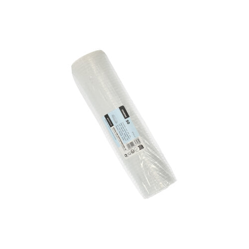 Pe un fundal alb este prezentată o rolă de capace Starpak 50 pentru cupe de porție, PP rotund Ø 4,6 cm transparent (folie, 50 bucăți) cu o etichetă alb-albastră în mijloc.