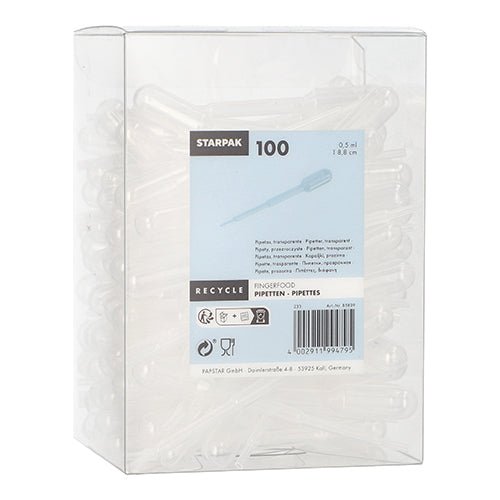 O cutie transparentă de plastic cu inscripția „Starpak 100 Pipetten, PE transparent” de la Starpak conține 100 de pipete din polietilenă transparentă. Eticheta de pe față arată detalii despre produs, coduri de bare, precum și simboluri pentru reciclare și instrucțiuni de utilizare.