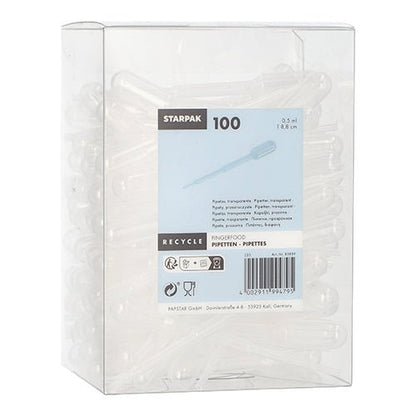 O cutie transparentă de plastic cu inscripția „Starpak 100 Pipetten, PE transparent” de la Starpak conține 100 de pipete din polietilenă transparentă. Eticheta de pe față arată detalii despre produs, coduri de bare, precum și simboluri pentru reciclare și instrucțiuni de utilizare.
