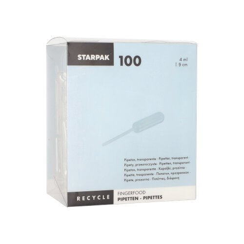 Pipetele Starpak 100, PE transparent de la Starpak este o cutie transparentă cu pipete de polietilenă de 4 ml pentru finger food, cu instrucțiuni de reciclare și informații multilingve despre „pipete” și dozarea lichidelor.