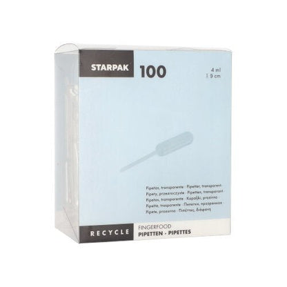 Pipetele Starpak 100, PE transparent de la Starpak este o cutie transparentă cu pipete de polietilenă de 4 ml pentru finger food, cu instrucțiuni de reciclare și informații multilingve despre „pipete” și dozarea lichidelor.
