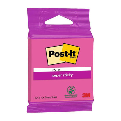 Un pachet de Post-it® Super Sticky Notes 6820S3, 76 x 76 mm, în verde neon, roz neon, galben ultra, verde ultra și roz ultra (1 bloc cu 75 de foi), de la 3M Deutschland GmbH. Include aderență extra puternică și certificare PEFC pe ambalaj.