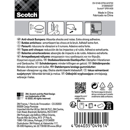 Das Etikett für Scotch® Stoßabsorbierende Elastikpuffer, selbsthaftend, transparent von 3M Deutschland GmbH enthält Anwendungshinweise, mehrsprachige Beschreibungen, Sicherheitshinweise, Barcode, Recyclingangaben und Herstellungsdaten in schwarz auf weiß.