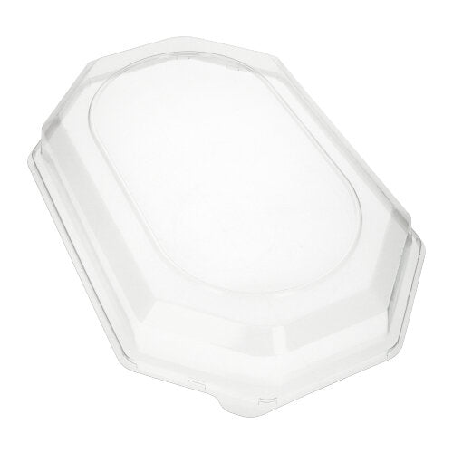 Capacul Starpak 10 pentru platouri de servire, PET transparent, este un capac oval, transparent din plastic cu margini ridicate de la Starpak. Este ideal pentru păstrarea prospețimii alimentelor în recipiente potrivite și este prezentat pe un fundal alb.