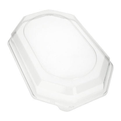 Capacul Starpak 10 pentru platouri de servire, PET transparent, este un capac oval, transparent din plastic cu margini ridicate de la Starpak. Este ideal pentru păstrarea prospețimii alimentelor în recipiente potrivite și este prezentat pe un fundal alb.