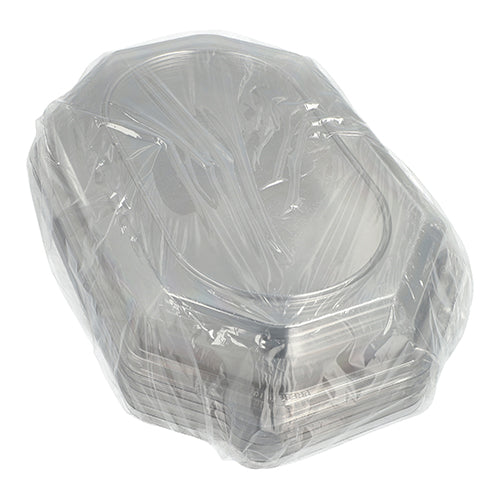 Un teanc de capace Starpak 10 pentru platouri de servire, fabricate din plastic PET transparent, ideal pentru păstrarea prospețimii alimentelor.