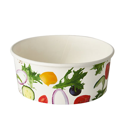 Bolurile de salată Starpak 45, carton "To Go" Ø 15 cm "Salat", sunt boluri de hârtie albe cu imprimeu colorat de legume, ideale ca boluri de salată ecologice pentru mese proaspete și sustenabile.