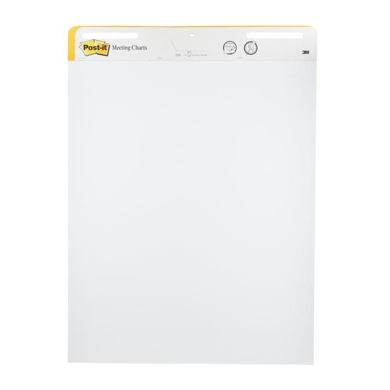 Post-it® Super Sticky chart de întâlniri autoadeziv 559 de la 3M Deutschland GmbH are 30 de foi albe pe bloc, este de 63,5 x 76,2 cm, are un cap galben-alb cu logo și este orientat vertical pentru montare pe perete. Ambalaj cu 2 blocuri.