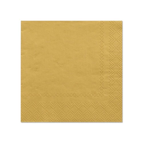 Cele PAPSTAR 20 de șervețele (25 cm x 25 cm, 3 straturi, 1/4 pliate) ale PAPSTAR GmbH au o margine texturată și o culoare aurie elegantă, ideale pentru decorarea elegantă a mesei; afișate pe un fundal alb.