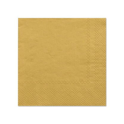 Cele PAPSTAR 20 de șervețele (25 cm x 25 cm, 3 straturi, 1/4 pliate) ale PAPSTAR GmbH au o margine texturată și o culoare aurie elegantă, ideale pentru decorarea elegantă a mesei; afișate pe un fundal alb.