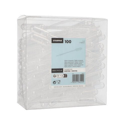 O cutie transparentă cu 100 de pipete Starpak PE transparente pentru dozarea precisă a lichidelor. Eticheta arată marca „Starpak”, informații despre produs, un cod de bare și simboluri de reciclare.
