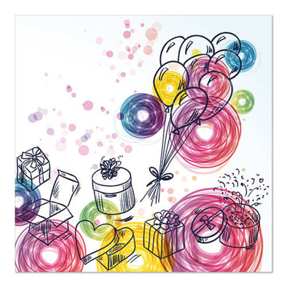 Handgezeichnete Luftballons, Geschenke, Herzen, Partyhüte, Bonbons und bunte Strudel zieren das PAPSTAR 20 Servietten 33x33cm 3lagig Design Set 6 von PAPSTAR GmbH in den Farben rosa, gelb, blau und lila auf weißem Hintergrund.