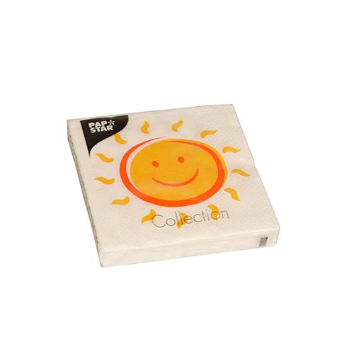 Un pachet de 20 de șervețele de la PAPSTAR GmbH, 25 cm x 25 cm, șervețele în 3 straturi, pliate în sferturi, cu un soare galben zâmbitor cu raze portocalii; „Colecție“ pe partea din față și logo-ul Pap Star în colțul din stânga sus.
