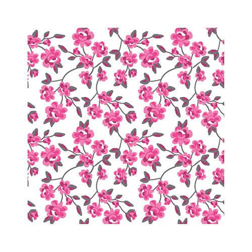 Cele PAPSTAR 20 de șervețele (25x25 cm, 3 straturi, 1/4 pliate) ale PAPSTAR GmbH prezintă un model floral roz repetitiv cu frunze gri-verzi pe un fundal alb – ideal pentru o decorare elegantă a mesei sau utilizarea elegantă a șervețelelor.