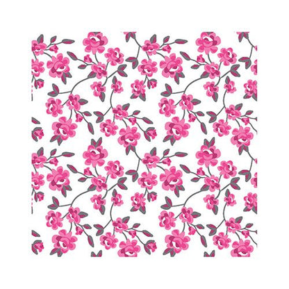Cele PAPSTAR 20 de șervețele (25x25 cm, 3 straturi, 1/4 pliate) ale PAPSTAR GmbH prezintă un model floral roz repetitiv cu frunze gri-verzi pe un fundal alb – ideal pentru o decorare elegantă a mesei sau utilizarea elegantă a șervețelelor.