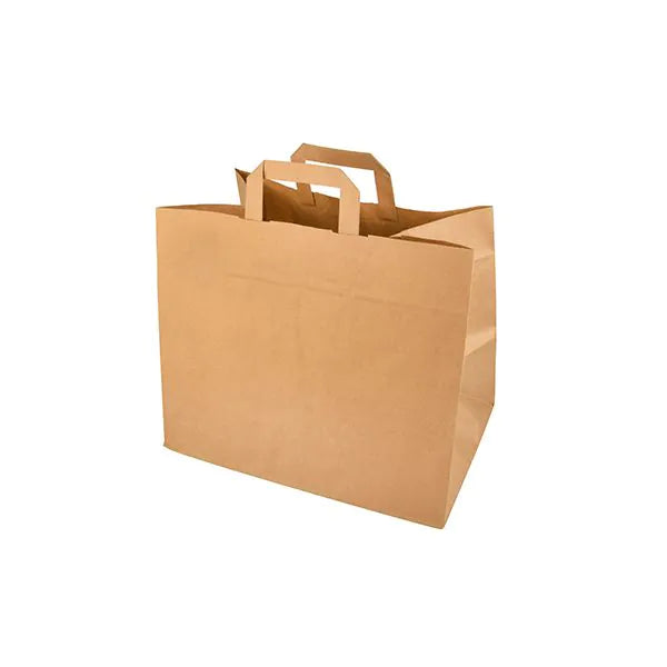 O pungă de transport PAPSTAR 50, hârtie cu mâner de la PAPSTAR GmbH stă goală pe un fundal alb. Punga maro cu fund lat și plat subliniază designul său ecologic.