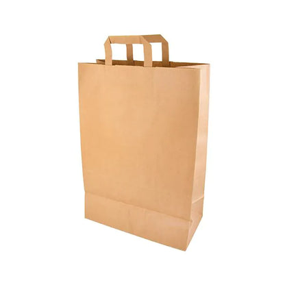 O pungă de transport PAPSTAR 50, hârtie cu mâner de la PAPSTAR GmbH stă vertical pe un fundal alb. Punga ecologică, nefolosită, are un fund plat și două mânere dreptunghiulare.