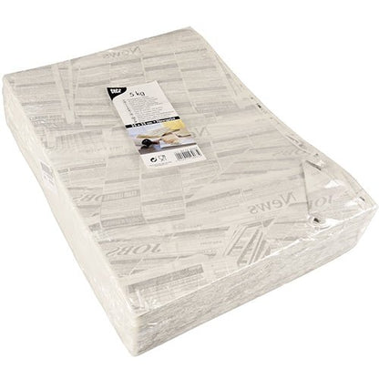 Un pachet sigilat PAPSTAR 5 hârtii de împachetat „Newsprint“ (3 cm x 2 cm) de la PAPSTAR GmbH are o etichetă de produs cu text și imagini; realizate din material de înaltă calitate, foile albe simple sunt ideale pentru ambalarea sau protejarea obiectelor în timpul împachetării.