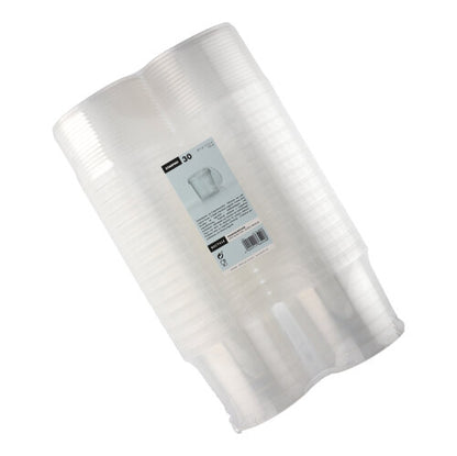 Un pachet cu 30 de pahare de unică folosință transparente Starpak de 770 ml (Ø 11,8 cm, H 11,3 cm, PP) cu capac de siguranță, învelite în folie termocontractabilă și etichetate cu informații despre produs și cod de bare.