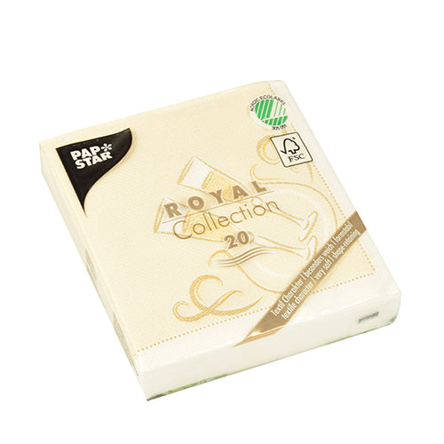 Un pachet cu 20 de șervețele PAPSTAR „ROYAL Collection“ 1/4-pliu, crem, 25x25 cm, certificat FSC cu design auriu pe ambalaj, de la PAPSTAR GmbH.