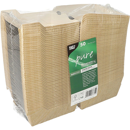Un teanc de 50 de cutii de burger dreptunghiulare maro PAPSTAR "pure" de la PAPSTAR GmbH, ideal pentru ambalaje sustenabile, este ambalat în plastic transparent cu o etichetă verde cu informații despre produs și reciclare.