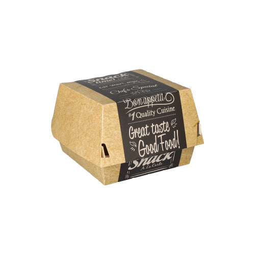 O cutie de burger maro închisă PAPSTAR 50 din carton "pure" Good Food de la PAPSTAR GmbH, cu etichetă neagră cu "Guten Appetit! Bucătărie de calitate, gust bun Good Food! Snack", se află central pe fundal alb.