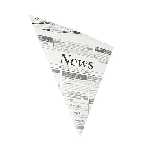 Un PAPSTAR cornet "Newsprint" (32,5x23 cm) înlocuitor de pergament, rezistent la grăsime, cu text și titluri cu "News" în mijloc. Pachet de 300 de bucăți de la PAPSTAR GmbH.