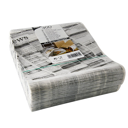 Un pachet cu 300 de pungi de hamburger PAPSTAR Pergament-Ersatz (16x18 cm) în design „Newsprint”, rezistente la grăsime și ambalate în folie; ideal pentru diverse nevoi de ambalare. Marcă: PAPSTAR GmbH.