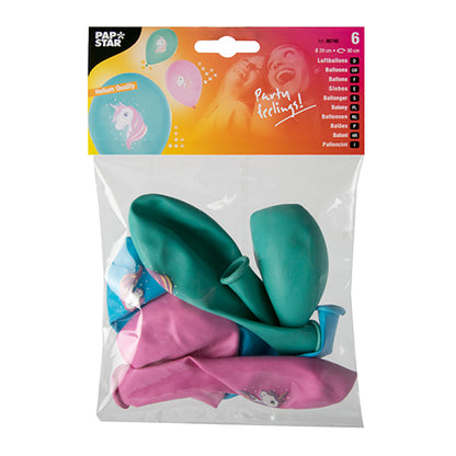 Un ambalaj din plastic transparent cu șase baloane colorate (Ø 29 cm) de la PAPSTAR GmbH cu imprimeu de unicorn. Eticheta de sus afișează „PAPSTAR“ precum și imagini cu baloane și oameni zâmbitori. Disponibil în albastru, verde și roz.