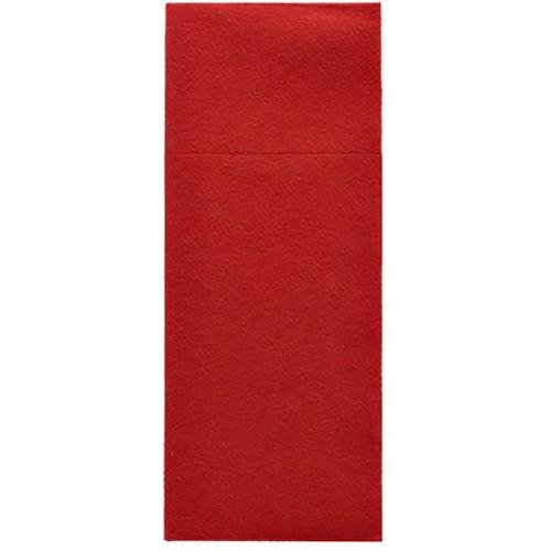 O tăviță roșie Starpak 480 din Airlaid (40 x 33 cm, cu pliuri pentru tacâmuri) este așezată vertical pe un fundal alb; O linie orizontală fină apare în treimea superioară și asigură o prezentare de calitate.