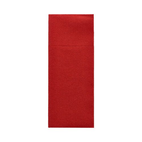 O tăviță simplă, dreptunghiulară, roșie Starpak 480 din Airlaid (40 x 33 cm) este afișată pe un fundal alb. Este ideală pentru prezentarea igienică ca tăviță pentru tacâmuri și dispune de o clapă fără text sau marcaje vizibile.