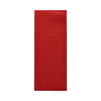 O tăviță simplă, dreptunghiulară, roșie Starpak 480 din Airlaid (40 x 33 cm) este afișată pe un fundal alb. Este ideală pentru prezentarea igienică ca tăviță pentru tacâmuri și dispune de o clapă fără text sau marcaje vizibile.