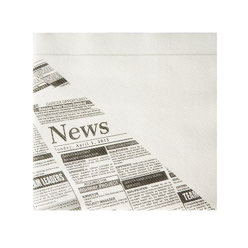 Un pachet pliat Starpak 50 șervețele pentru gustări, asemănătoare cu materialul textil, Airlaid 1/4-pliat (32,5 x 30,5 cm) în designul alb "Newsprint", cu "News" și reclame în alb-negru - ideal pentru o decorare stilată a mesei.