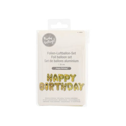 Setul de baloane din folie „Happy Birthday” al companiei PAPSTAR este sigilat cu baloane litere aurii, un ambalaj multilingv și un cârlig transparent – ideal pentru orice petrecere de aniversare.
