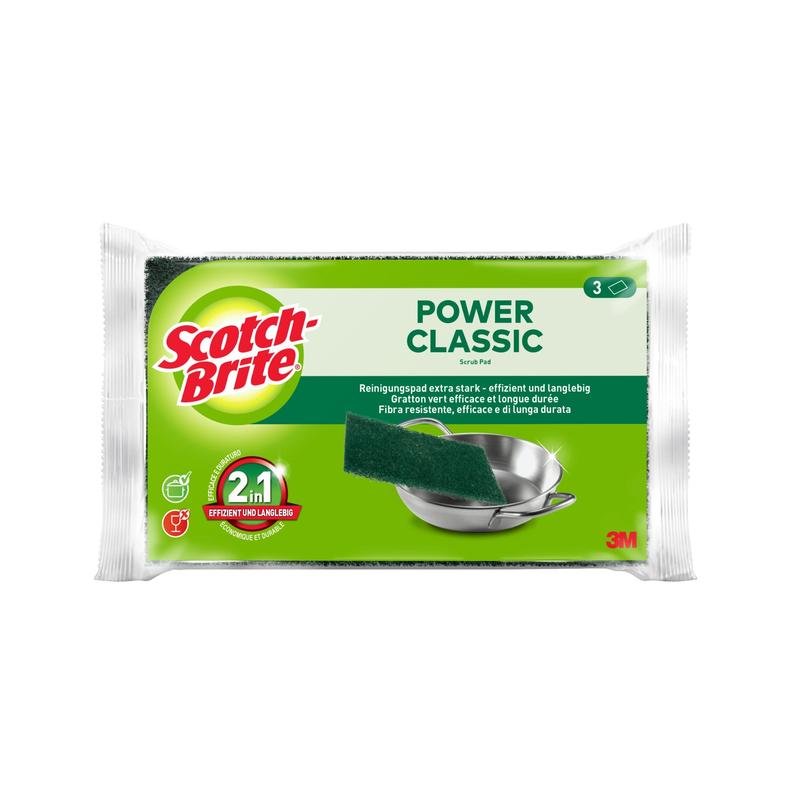Un pachet de 3 bureți abrazivi Scotch-Brite® Classic de la 3M Deutschland GmbH cu branding verde-alb și etichetă "2 în 1" este ideal pentru curățarea diverselor suprafețe, așa cum arată un vas metalic pe ambalaj.