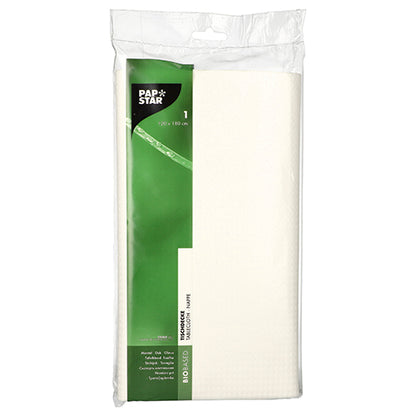 Un ambalaj de plastic sigilat conține o față de masă albă PAPSTAR pliată (120x180 cm) pentru petreceri, cu inscripții verzi și albe ale PAPSTAR GmbH, care evidențiază designul durabil.