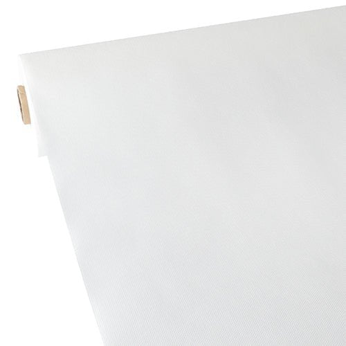 Fața de masă Starpak, asemănătoare cu materialul textil, Vlies „soft selection“ (40 m x 1,18 m) în alb este parțial desfășurată, arătându-se cu structura sa netedă și ușoară și cu miezul de carton vizibil.