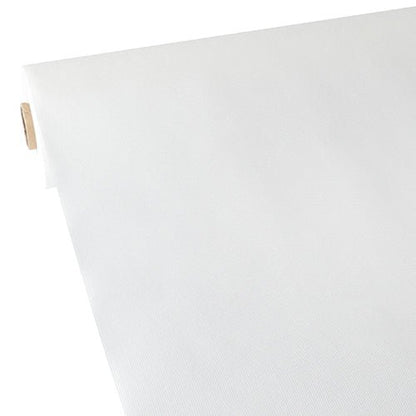 Fața de masă Starpak, asemănătoare cu materialul textil, Vlies „soft selection“ (40 m x 1,18 m) în alb este parțial desfășurată, arătându-se cu structura sa netedă și ușoară și cu miezul de carton vizibil.