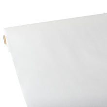 Un sul mare de față de masă Starpak, asemănătoare cu materialul textil, fleece „Soft Selection“ (25 m x 1,18 m, alb) este desfășurat pe o suprafață plană, cu suprafața netedă vizibilă la marginea îndoită în sus. Rola Starpak este văzută în diagonală dintr-un colț.