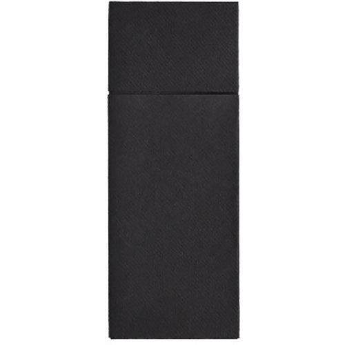 Tăvițele pentru tacâmuri Starpak 480, Airlaid 40 cm x 33 cm cu pliuri pentru tacâmuri, sunt șervete negre dreptunghiulare cu o textură discretă și o linie orizontală la marginea superioară, ideale pentru prezentarea igienică a tacâmurilor. Afișate pe un fundal simplu.